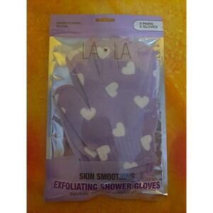 LA LA 2 Pairs 4 Gloves Exfoliating Shower Gloves Purple With White Hearts